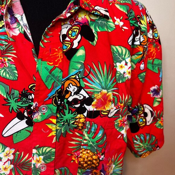 Disney Mickey Mouse Minnie Summer Hawaiian Tropical Red Button Down Shirt - Picture 2 of 9